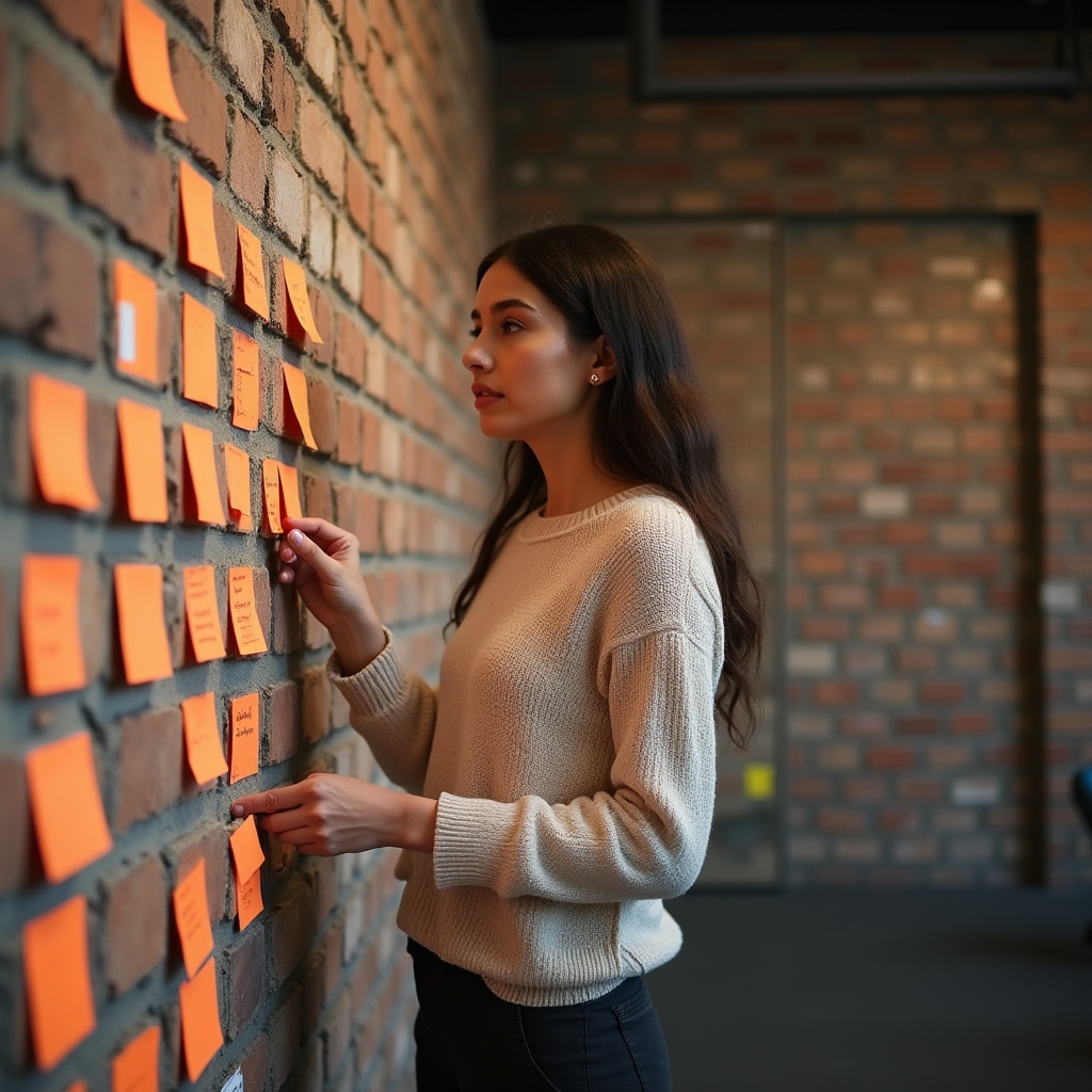 Person ordnet Klebezettel mit Projektaufgaben an einer Wand