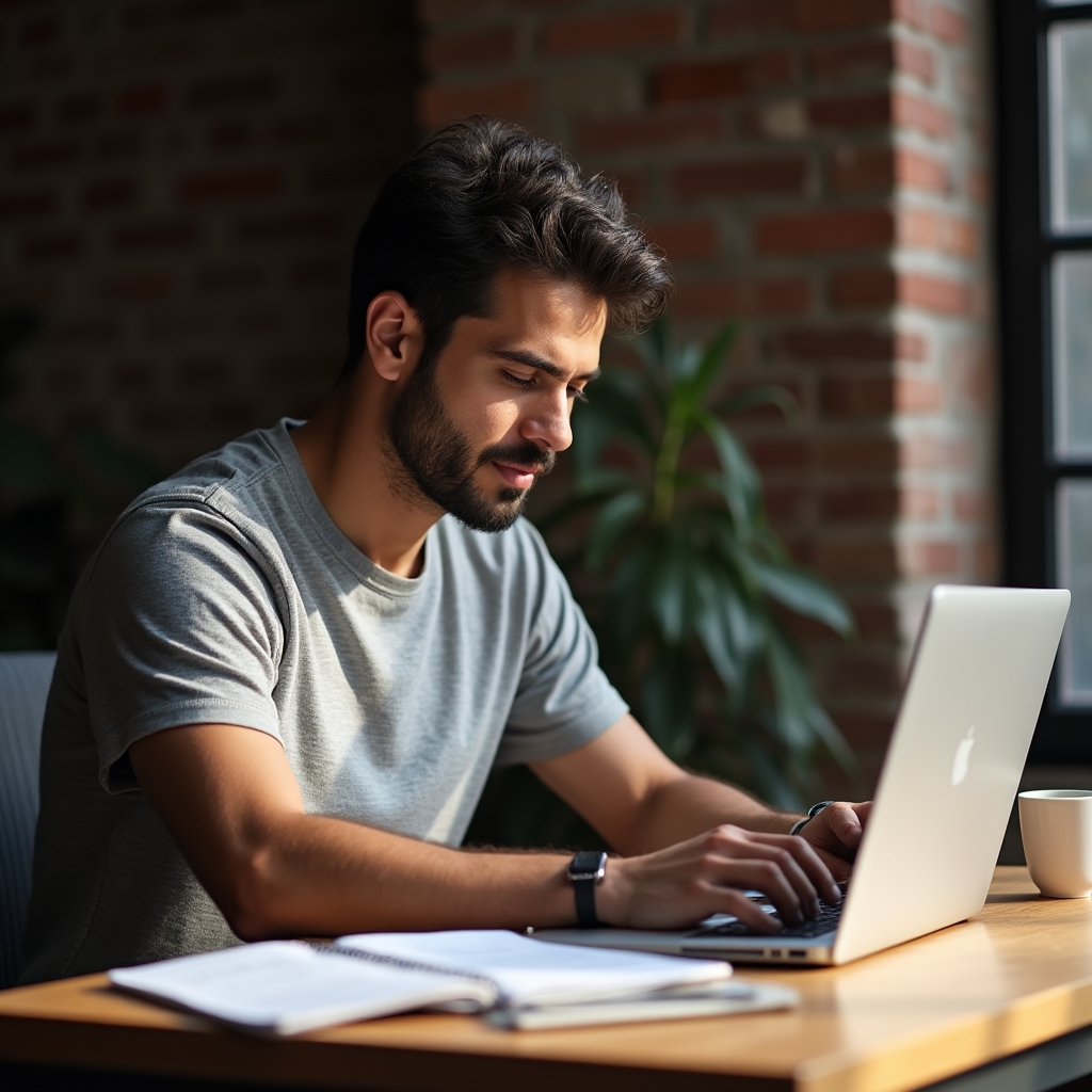 Person schreibt konzentriert einen Statusbericht am Laptop