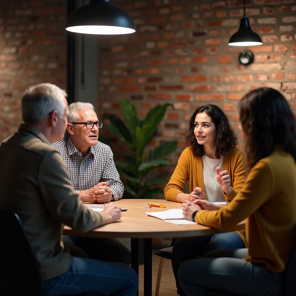 Kleine Gruppe im Gespräch während eines Stakeholder-Workshops